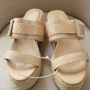 Delta Beige Wedge Sandals with Crystal Buckle